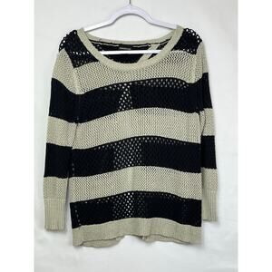 Central Park West Womens Large Gray/Black Striped Loose Knit Long Sleeve Sweater
